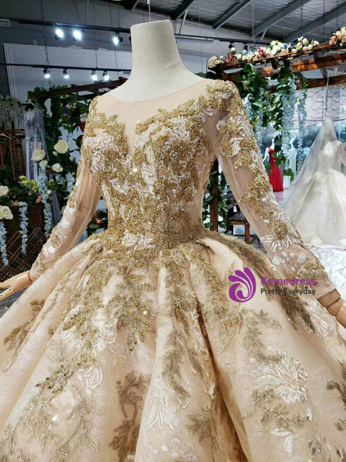 Champagne Ball Gown Tulle Lace Appliques Long Sleeve With Beading ...