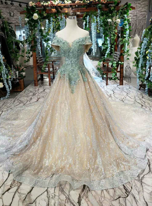 Gold And Green Ball Gown Tulle Sequins Off the Shoulder Appliques Luxury Wedding Dress