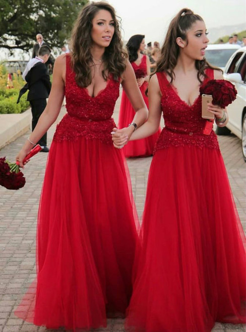 Lace Beading Tulle Bridesmaid Dresses Long Red Bridesmaid Dresses Sexy V Neckline Dresses
