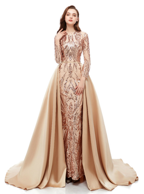 Champagne Mermaid Sequins Long Sleeve Long Prom Dress With Removable Train