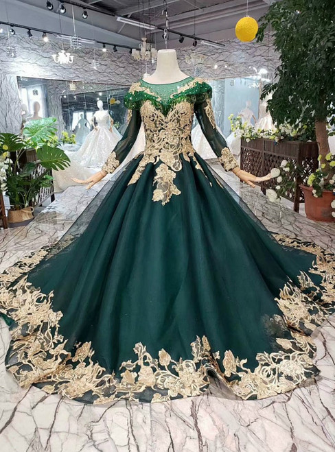 Dark Green Tulle Long Sleeve Gold Lace Appliques Beading Luxury Wedding ...