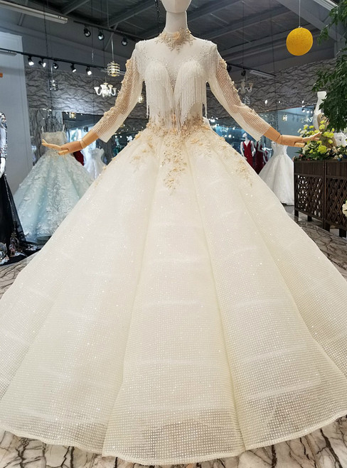 Champagne Ball Gown Sequins High Neck Long Sleeve With beading Luxury Wedding Dress