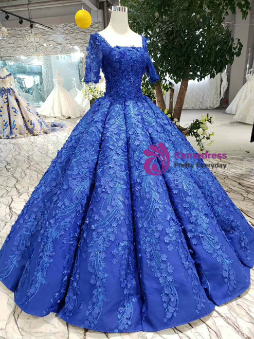 Royal Blue Square Short Sleeve Appliques Luxury Wedding Dress