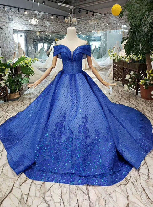 Royal Blue Tulle Sequins Off the Shoulder Appliques Wedding Dress With Train