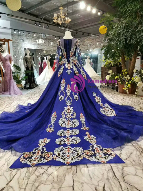 Royal Blue Tulle Embroidery Long Sleeve Luxury Wedding Dress With ...