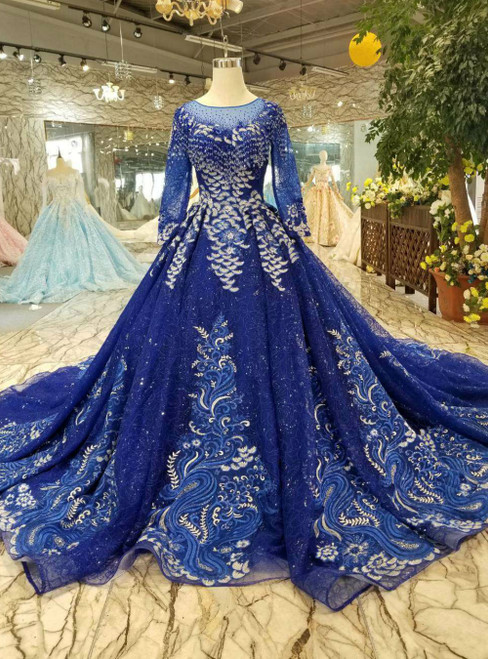 Royal Blue Tulle Sequins Long Sleeve Appliques Luxury Wedding Dress With Long Train