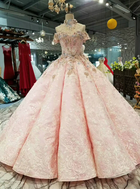 Pink Ball Gown Appliques Off the Shoulder Luxury Wedding Dress