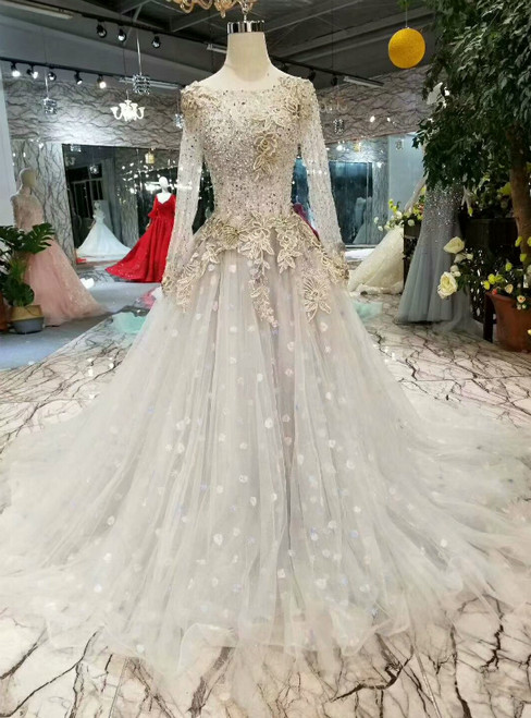 Gray Ball Gown Tulle Long Sleeve Backless Luxury Wedding Dress With Beading