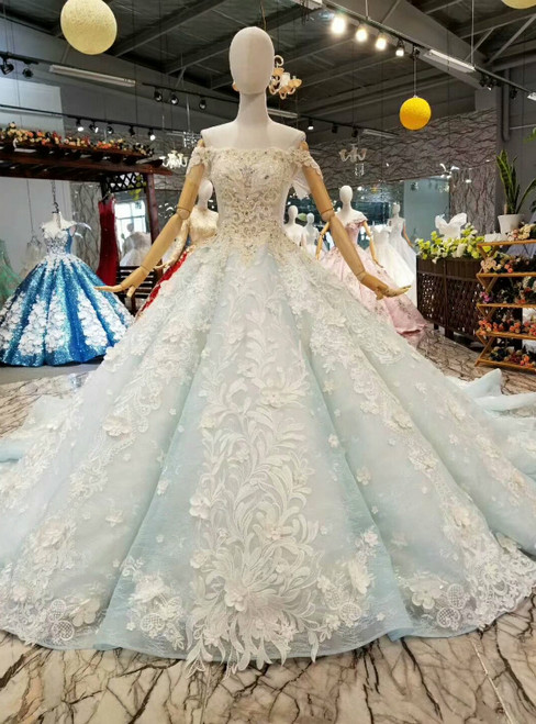 Light Blue Ball Gown Off the Shoulder Appliques Beading Luxury Wedding Dress With Long Train