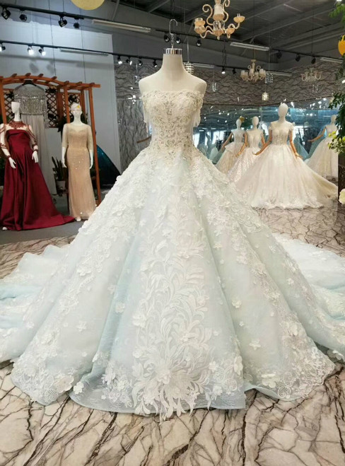 Blue Ball Gown Tulle Appliques Off the Shoulder Short Sleeve Luxury Wedding Dress