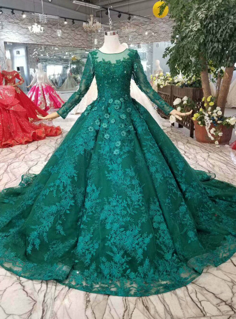 Dark Green Lace Appliques Long Sleeve Luxury Wedding Dress With Beading