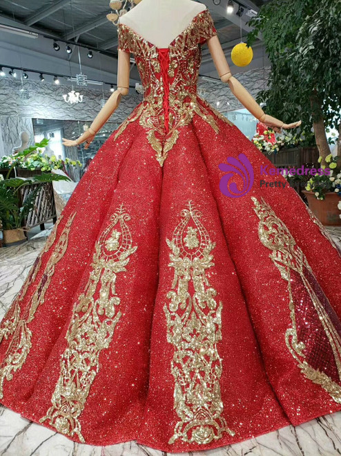 Red Ball Gown Sequins Off the Shoulder Gold Appliques Luxury Wedding Dress