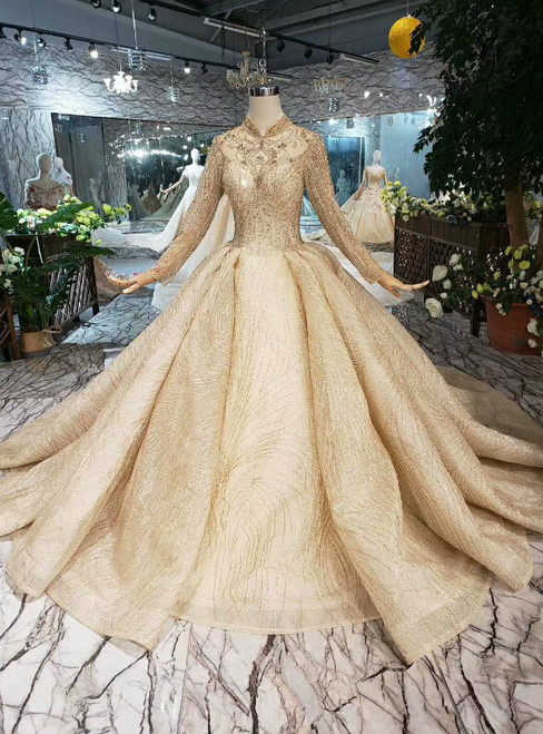 Champagne Ball Gown Tulle Lace High Neck Long Sleeve Luxury Wedding Dress