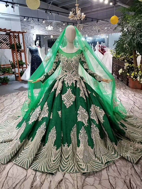 Green Ball Gown Tulle Champagne Lace Appliques Long Sleeve Luxury ...