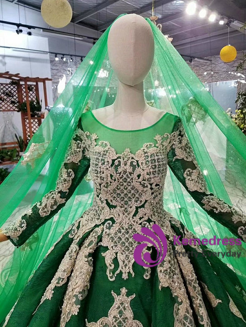 Green Ball Gown Tulle Champagne Lace Appliques Long Sleeve Luxury ...
