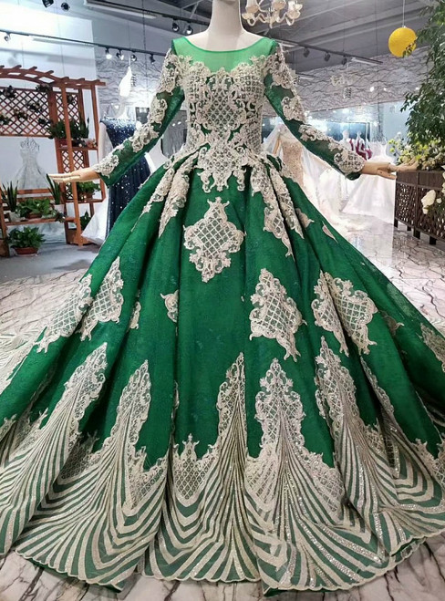 Dark Green Tulle Long Sleeve Gold Lace Appliques Beading Luxury Wedding Dress