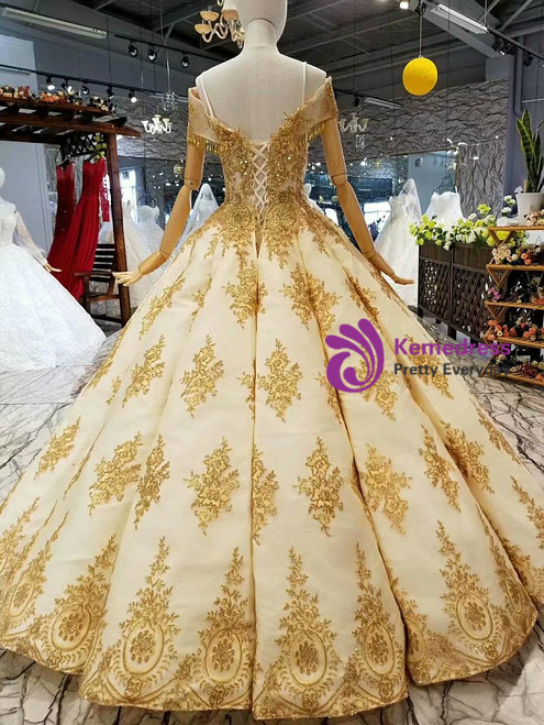 Luxury Champagne Ball Gown Lace Off The Shoulder Wedding Dress With Pearls