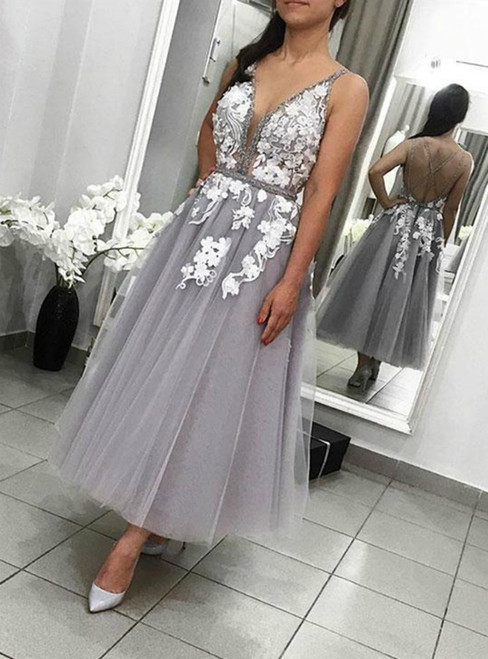 A-Line Gray Tulle V-neck Backless Appliques Tea Length Prom Dress