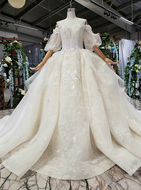Champagne Ball Gown Tulle Appliques Off the Shoulder Puff Sleeve Luxury Wedding Dress