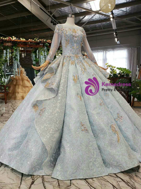 Blue Ball Gown Sequins Long Sleeve Appliques Luxury Wedding Dress With ...