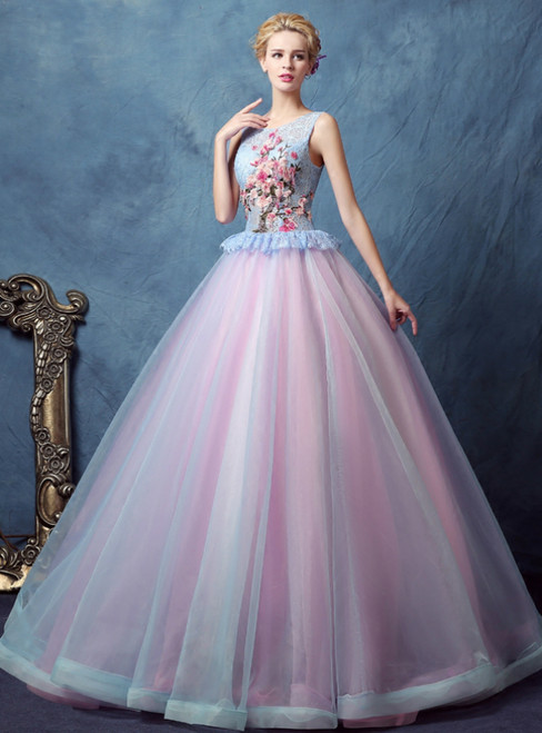 In Stock:Ship in 48 Hours Blue Pink Tulle Lace Appliques Quinceanera Dresses