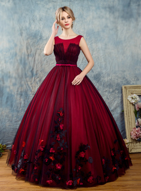 In Stock:Ship in 48 Hours Burgundy Tulle Backless Appliques Quinceanera Dress