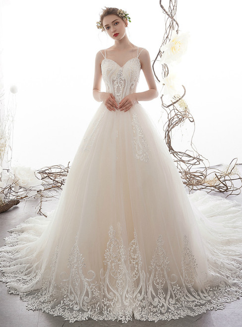 Champagne Tulle Double Straps Lace Appliuqes Wedding Dress With Beading