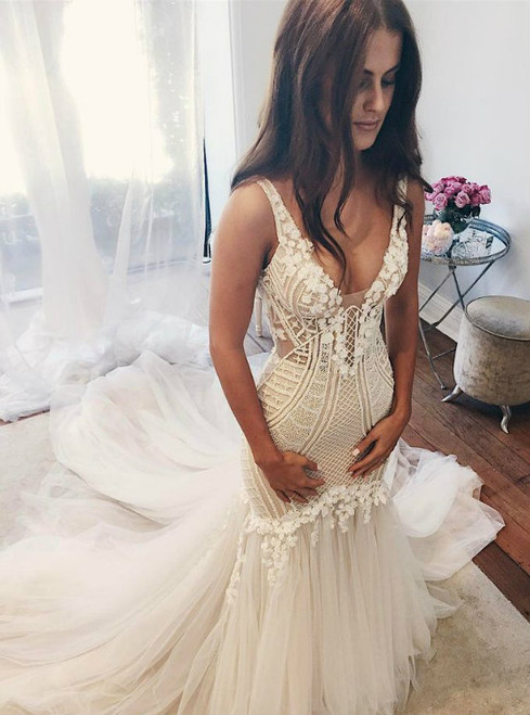 Ivory Mermaid Wedding Dress with Illusion Bodice Cheap wedding dresses 2017