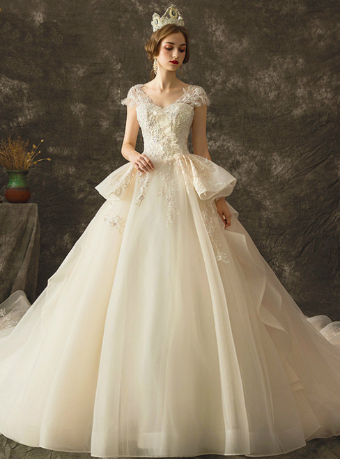 Champagne Tulle V-neck Cap Sleeve Backless Wedding Dress With Beading