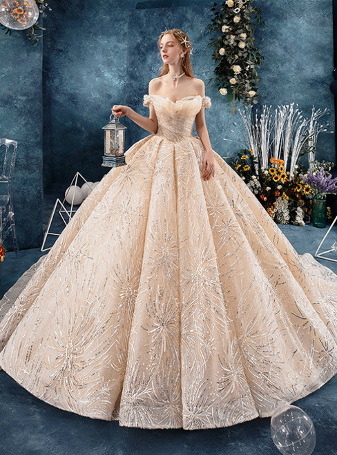 Champagne Gold Tulle Sequins Off the Shoulder Wedding Dress With Train