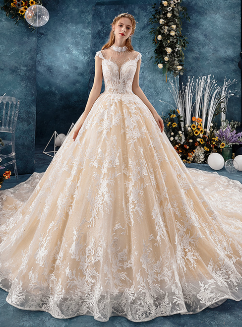 Champagne Tulle Appliques High Neck Cap Sleeve Open Back Wedding Dress With Beading