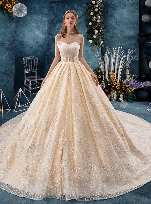 Champagne Tulle Sequins Sweetheart Wedding Dress With Train