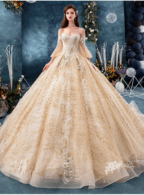Champagne Tulle Sequins Off the Shoulder Butterfly Sleeve Appliques Wedding Dress