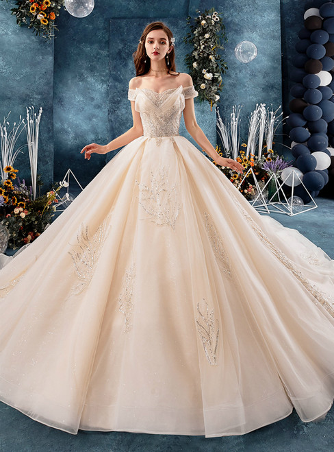 Champagne Tulle Off the Shoulder Appliques Wedding Dress With Beading