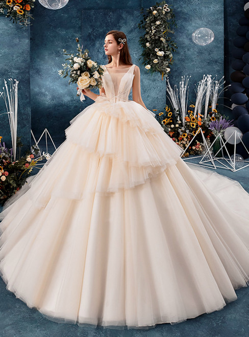 Champagne Tulle See Through V-neck Wedding Dress With Beading