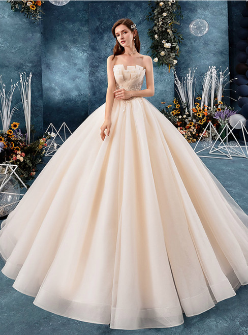 Champagen Tulle Strapless Lace Appliques Floor Length Wedding Dress