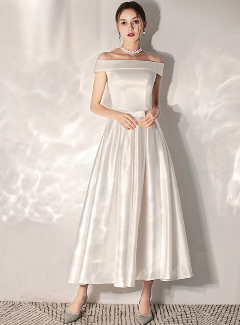 In Stock:Ship in 48 Hours White Satin Off the Shoulder Wedding Dress