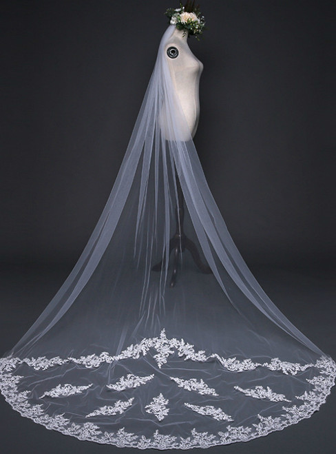 In Stock:Ship in 48 Hours White Tulle Lace Wedding Veil