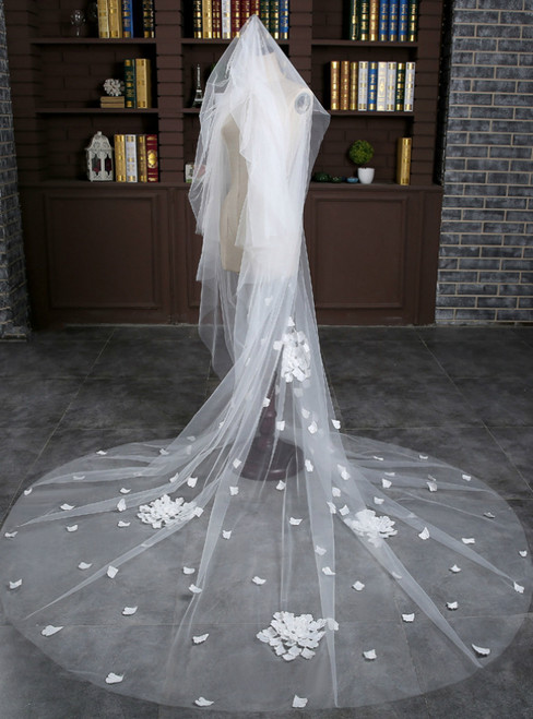 In Stock:Ship in 48 Hours Bride White Tulle Flower Wedding Veil