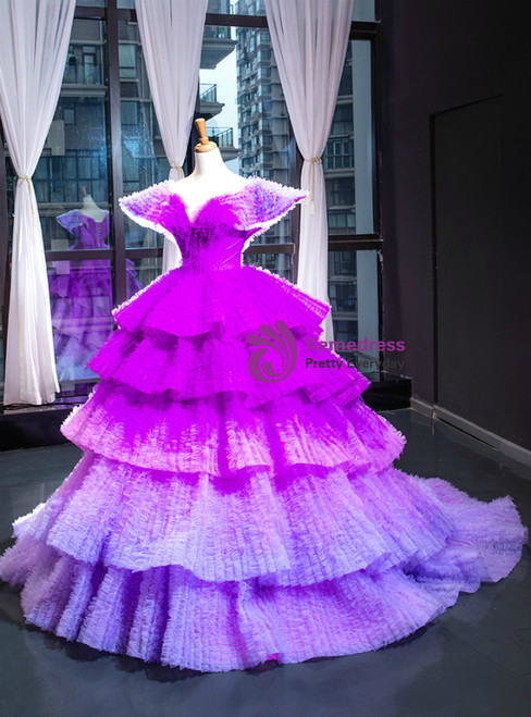 Purple Ball Gown Tulle V-neck Tiers Luxury Prom Dress With Train