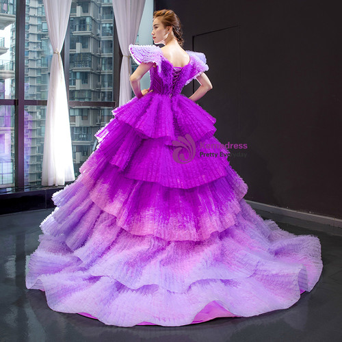 Purple Ball Gown Tulle V Neck Tiers Luxury Prom Dress With Train 