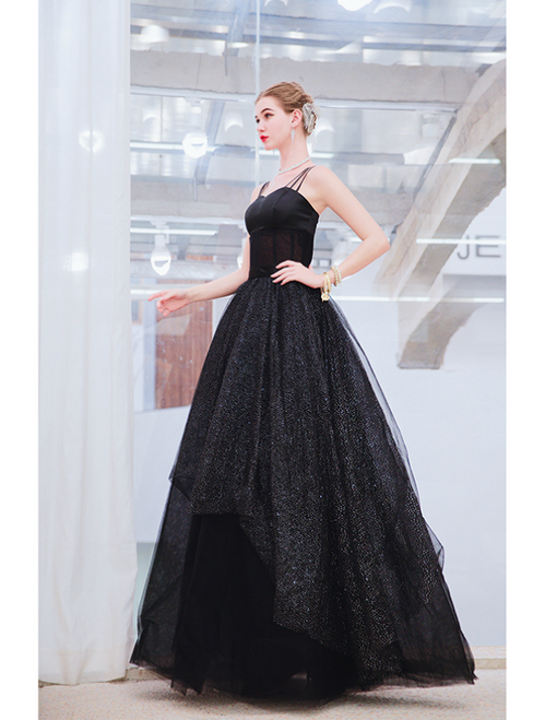 In Stock:Ship in 48 Hours Black Tulle Sequins Spaghetti Straps Prom Dress