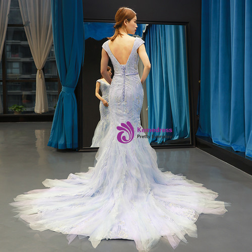 Mermaid Blue Charmeuse Sleeveless V Neck Backless Prom Dress, Fishtail main image 1