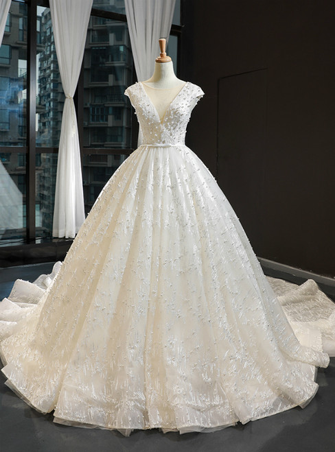 Ivory White Ball Gown Tulle Appliques Backless Cap Sleeve Luxury Wedding Dress With Pearls