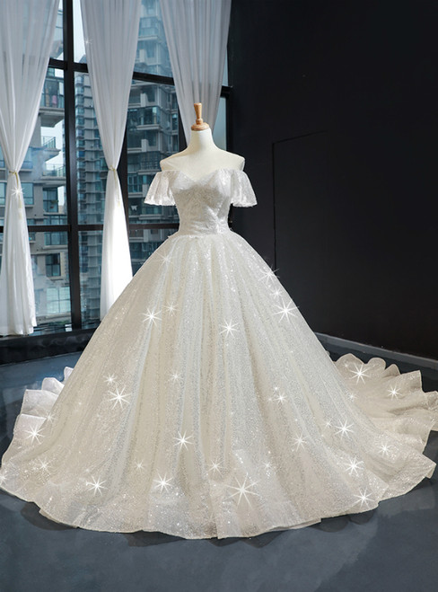 Ivory White Tulle Sequins Off the Shoulder Appliques Luxury Wedding Dress With Train