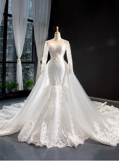 White Memraid Tulle Lace Long Sleeve Wedding Dress With Removable Train