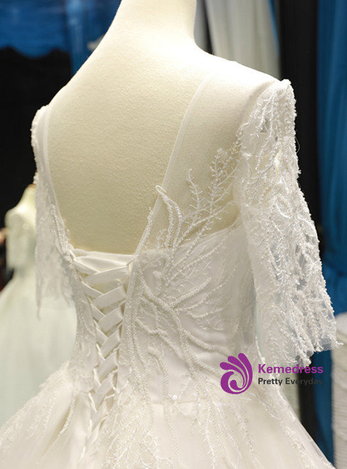 White Ball Gown Tulle Long Sleeve Appliques Backless Wedding Dress