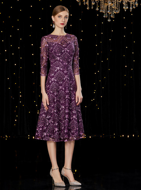 A-Line Purple Lace 3/4 Tea Length Mother Of The Bride Dress