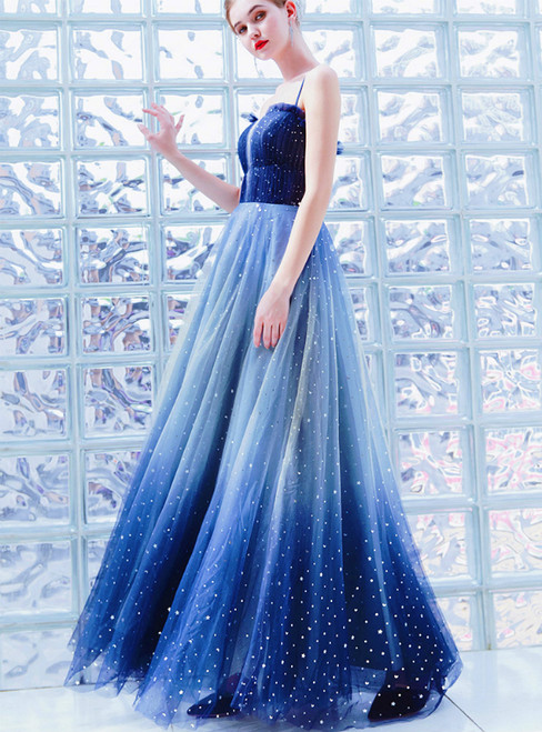 In Stock:Ship in 48 Hours Blue Tulle Spaghetti Straps Sequins Prom Dress