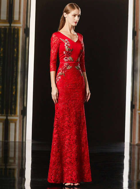 Red Mermaid Lace Sequins V-neck 3/4 Sleeve Mother Of The Bride Dress